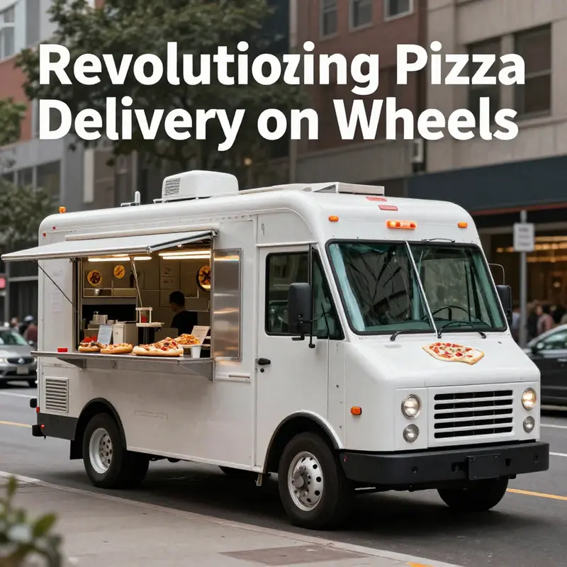 A bustling standard pizza food truck serving delicious pizzas to eager customers in a lively environment.