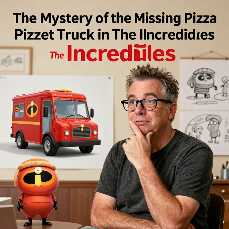 A scene from The Incredibles highlighting the vibrancy of the city while the absence of the Pizza Planet Truck becomes evident.