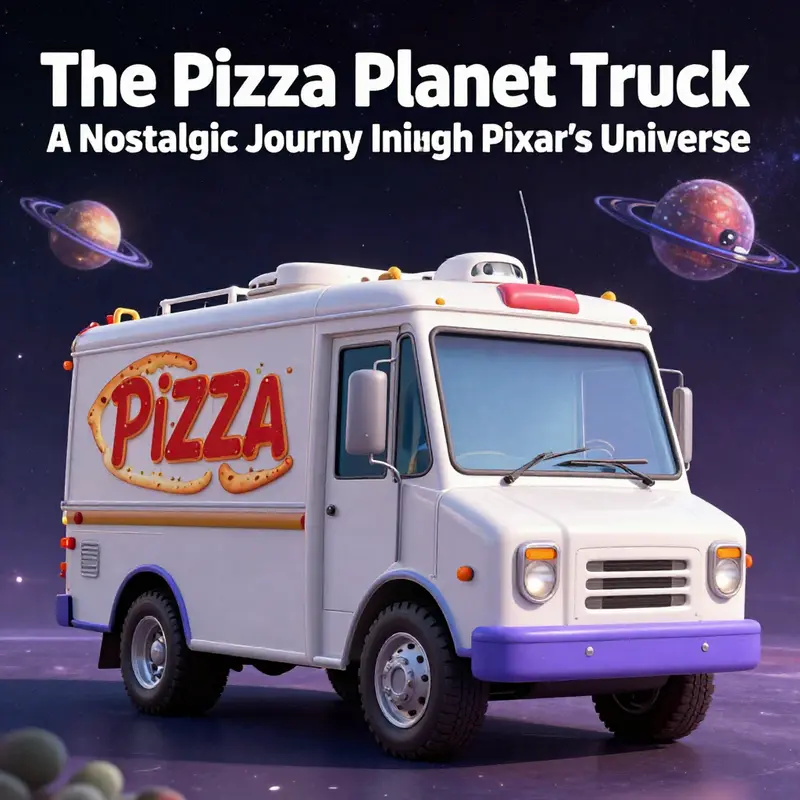 A vibrant cover image of the Pizza Planet Truck surrounded by elements from the Pixar universe, showcasing its nostalgic appeal.