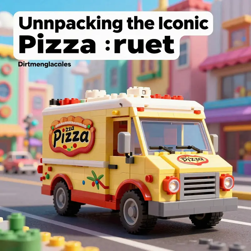 A colorful illustration of the Pizza Planet Truck driving through a bustling city scene.