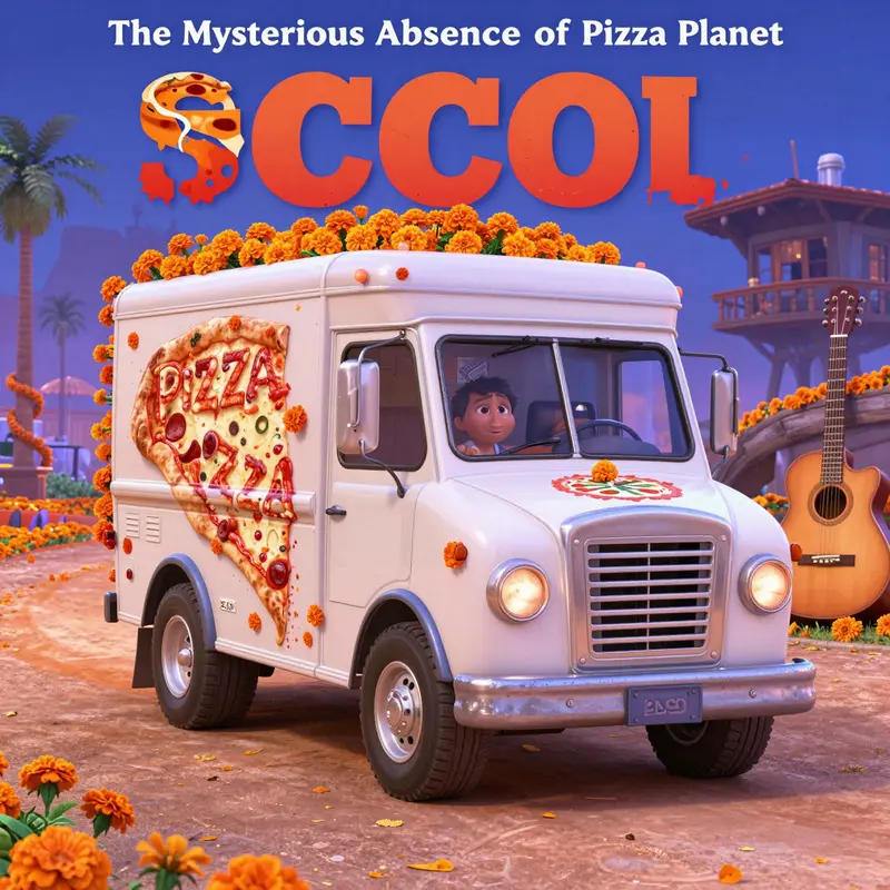 A contrasting visual of the Pizza Planet Truck with colorful elements from Coco, highlighting the cultural differences.