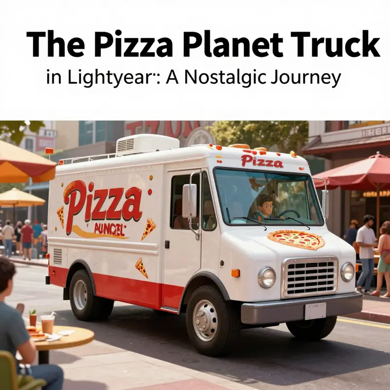 A lively scene with a Pizza Planet Truck serving customers in a bustling urban environment.