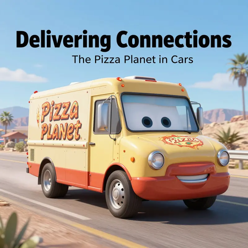 The Pizza Planet truck on the road in Radiator Springs, representing its iconic role in connecting stories across Pixar films.