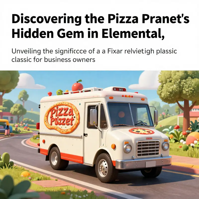 An illustration of the Pizza Planet Truck navigating through the colorful city of Elementville.