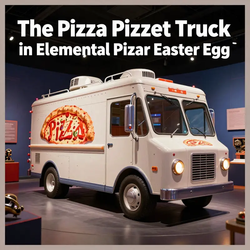 The iconic Pizza Planet Truck parked at the ‘Burning Man’ event in *Elemental*, filled with Pixar’s whimsical charm.