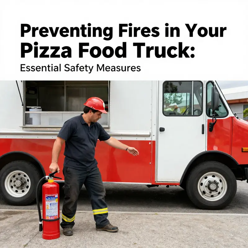 A pizza food truck equipped with essential fire safety equipment, emphasizing safety protocols.