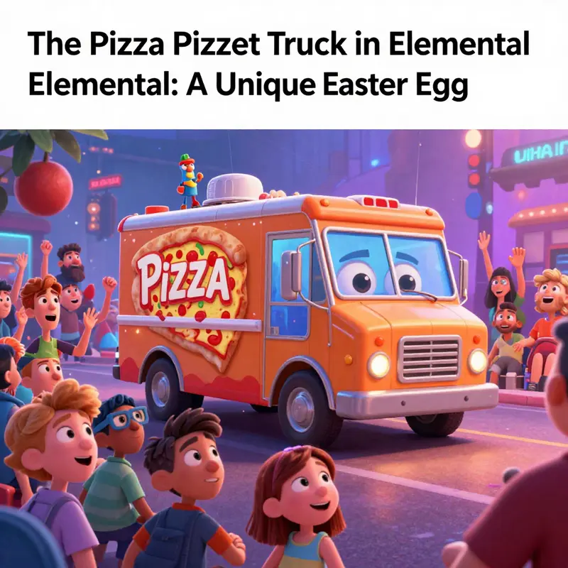 The iconic Pizza Planet Truck parked at the ‘Burning Man’ event in *Elemental*, filled with Pixar’s whimsical charm.