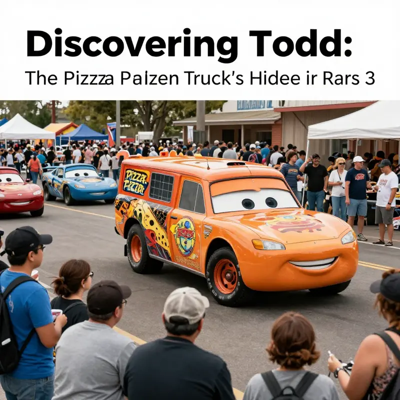 The Pizza Planet Truck, Todd, positioned amidst the racing action in Cars 3.