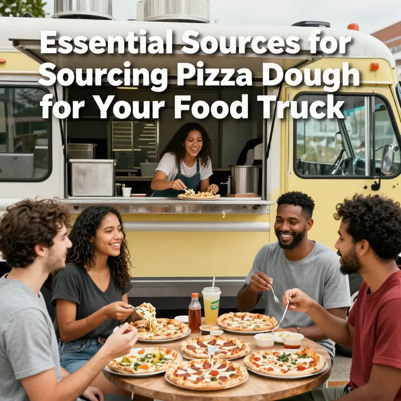 Food truck serving pizza to happy customers gathered around.