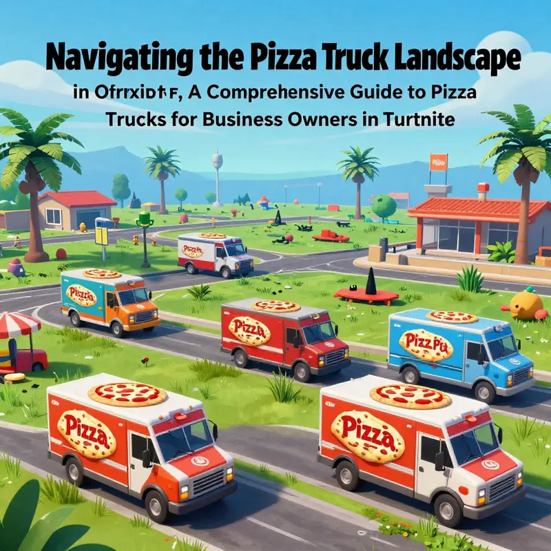 A comprehensive image displaying multiple Pizza Pit truck locations in the Fortnite map against a colorful backdrop.