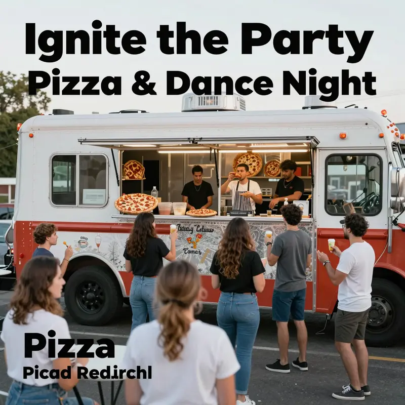 Customers enjoying a vibrant atmosphere at a pizza food truck event.