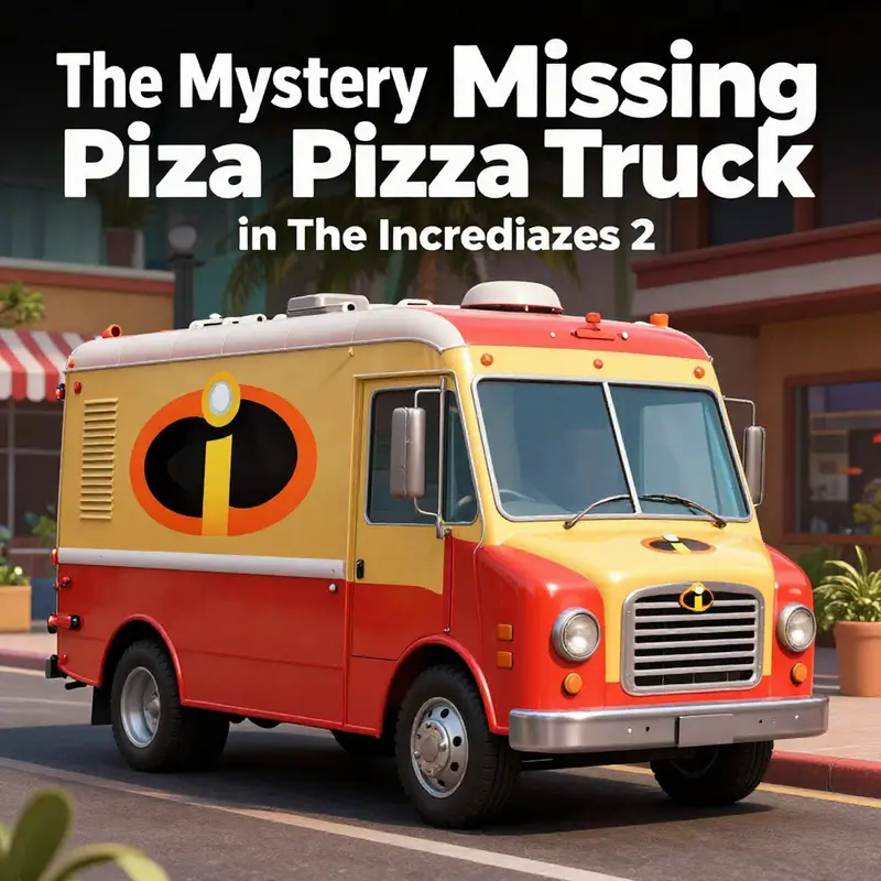 A scene from The Incredibles highlighting the vibrancy of the city while the absence of the Pizza Planet Truck becomes evident.