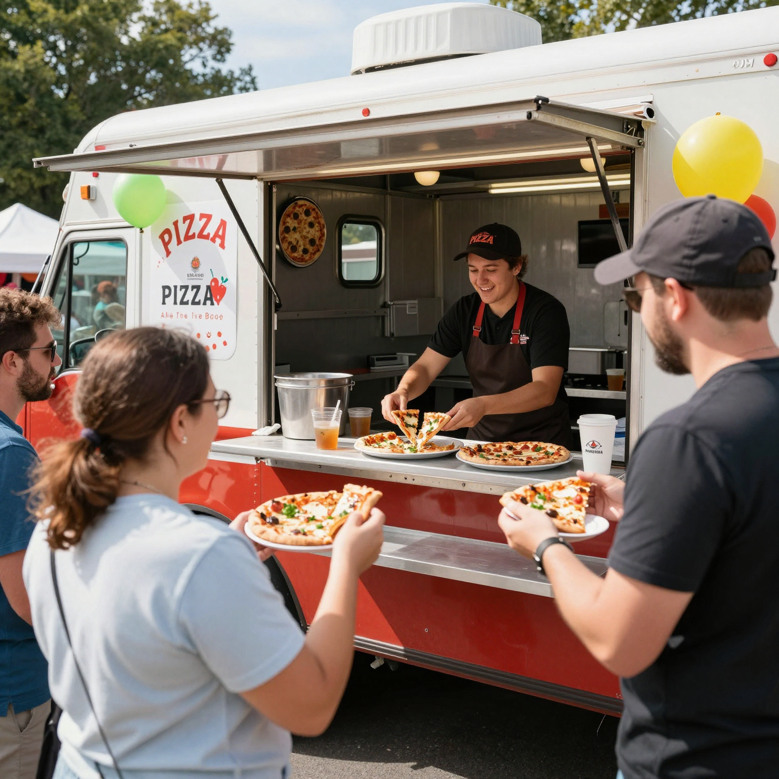A pizza truck in action serving customers at a vibrant event