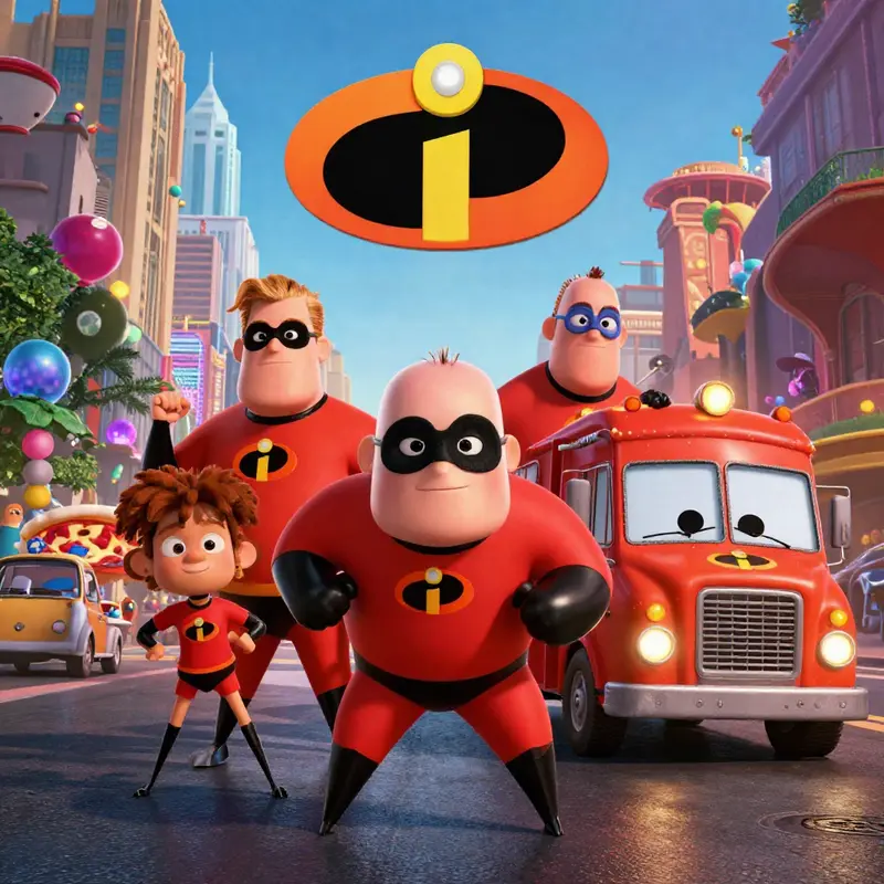 The Parr family in a vibrant city, showcasing their superhero prowess without the iconic Pizza Planet truck in sight.