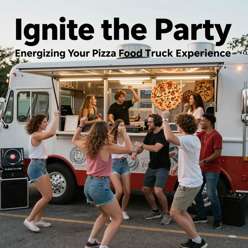 Customers enjoying a vibrant atmosphere at a pizza food truck event.