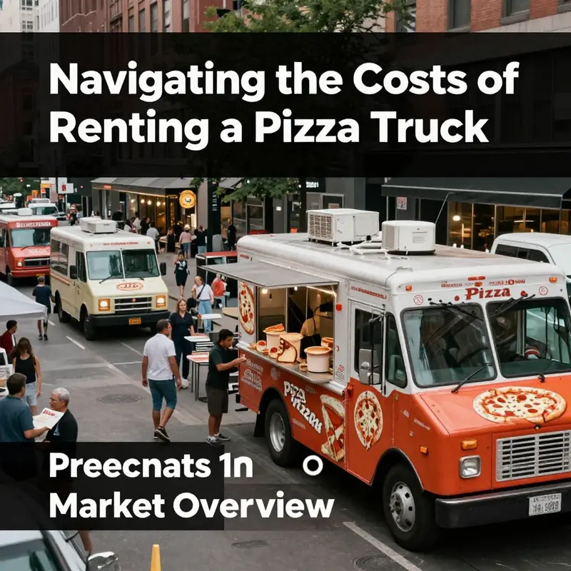A lively market overview illustrating the presence of pizza trucks among various food vendors.