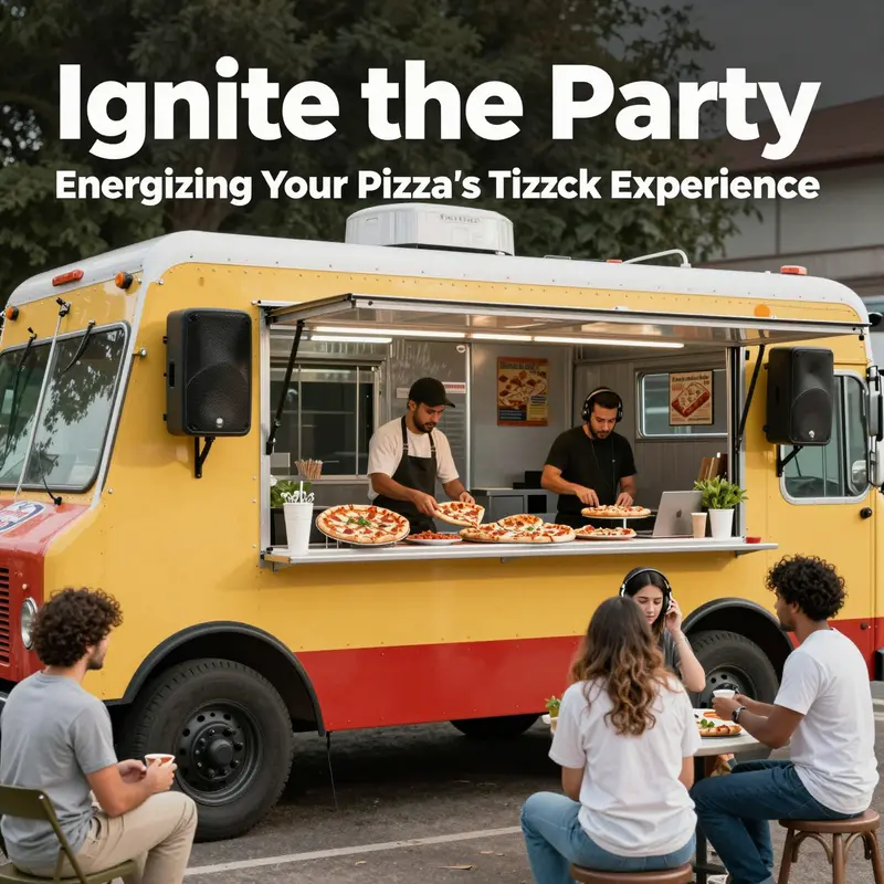 Customers enjoying a vibrant atmosphere at a pizza food truck event.