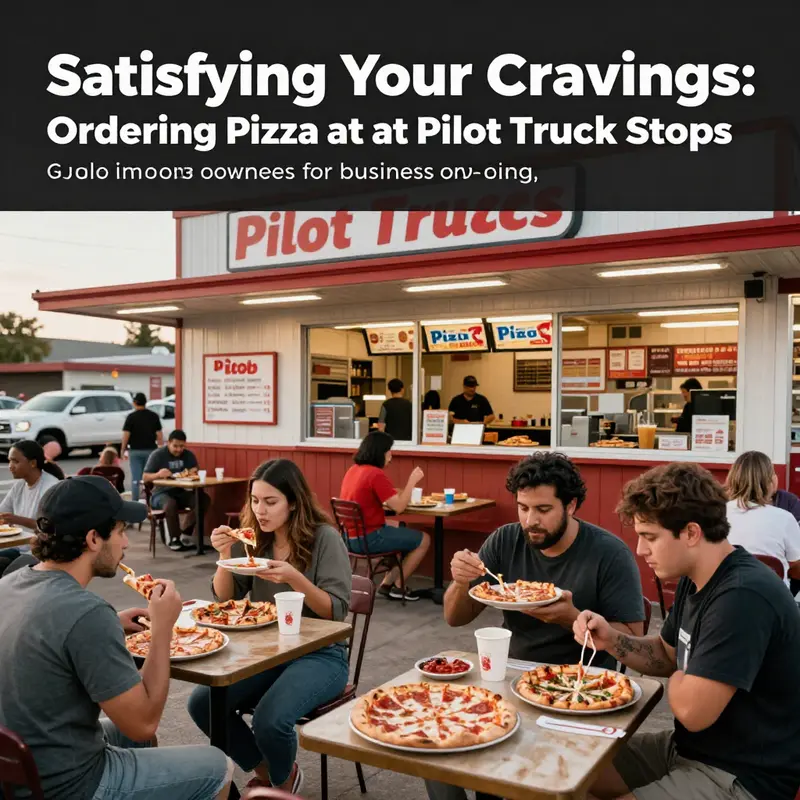 A bustling Pilot Truck Stop filled with customers enjoying food, especially pizza.