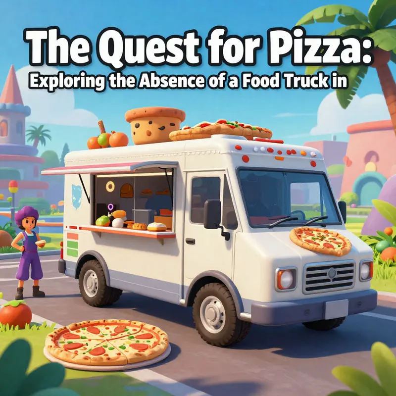 A colorful scene of a fictional pizza food truck in a Fortnite world, featuring characters and animated pizzas.