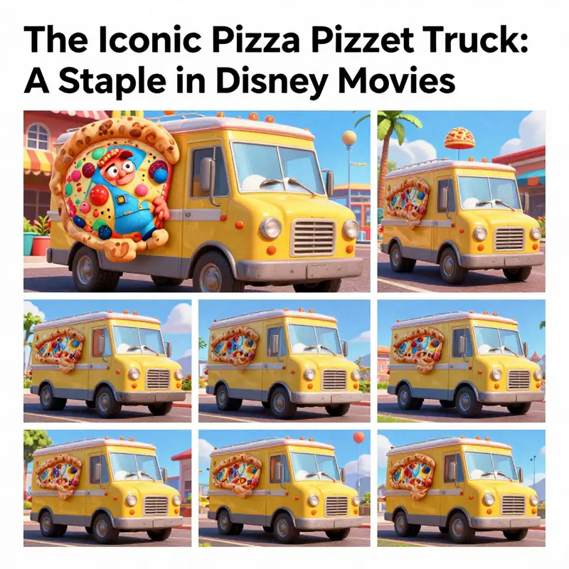 A vibrant collage showcasing the diverse appearances of the Pizza Planet truck across Pixar’s films.