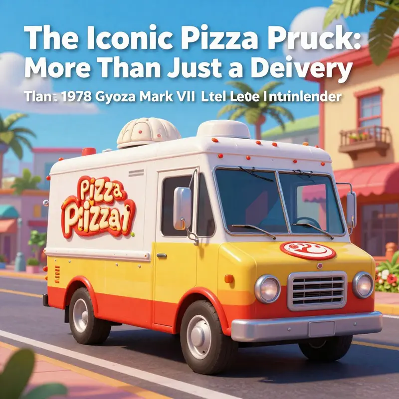 The Pizza Planet Truck driving through a colorful animated setting filled with cheerful characters and homes.