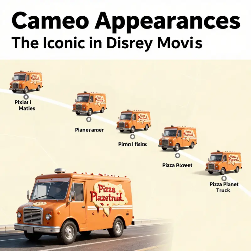 A vibrant collage showcasing the diverse appearances of the Pizza Planet truck across Pixar’s films.