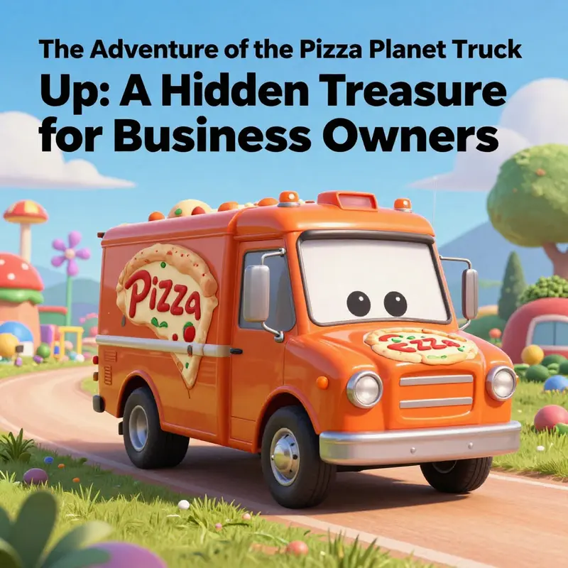 Illustration of the Pizza Planet truck in a colorful animated landscape representing adventure.
