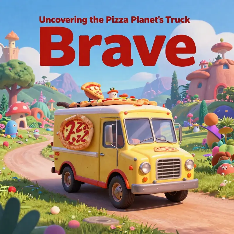 A whimsical depiction of the Pizza Planet Truck navigating a vibrant landscape filled with playful characters from Pixar's universe.