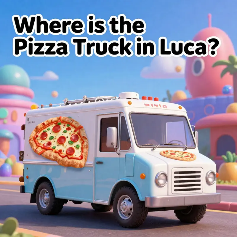 The Pizza Planet Truck in a Pixar-themed setting, symbolizing its nostalgic relevance in animation.
