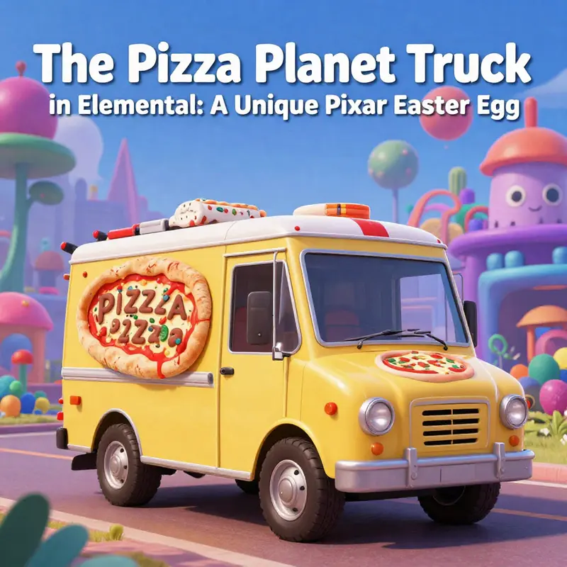 The Pizza Planet Truck illustrated in a vibrant Pixar-themed background.