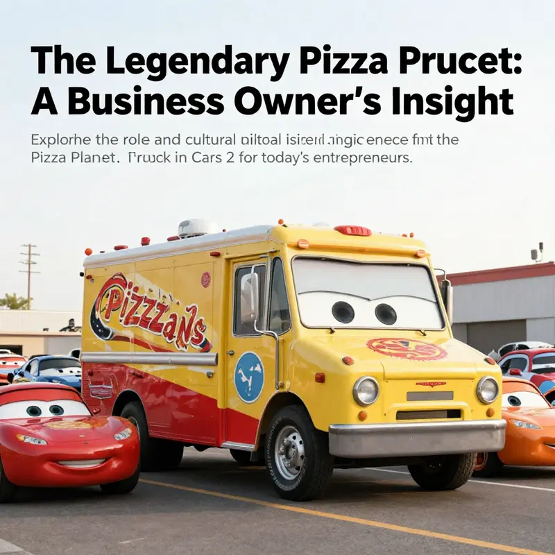 The iconic Pizza Planet Truck from *Cars 2*, surrounded by various animated vehicles.