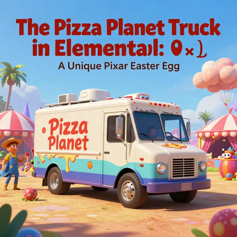 The iconic Pizza Planet Truck parked at the ‘Burning Man’ event in *Elemental*, filled with Pixar’s whimsical charm.