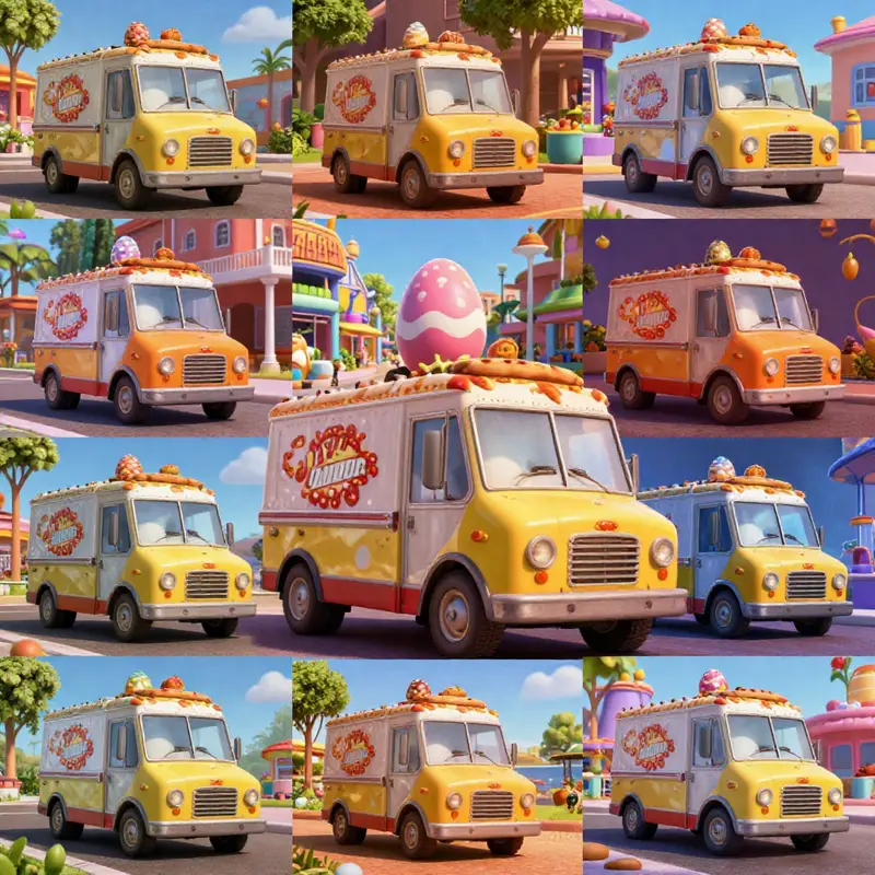 The iconic Pizza Planet Truck parked at the ‘Burning Man’ event in *Elemental*, filled with Pixar’s whimsical charm.