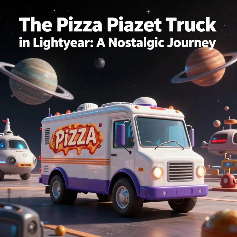 The Pizza Planet Truck prominently featured in a busy intergalactic setting in *Lightyear*.