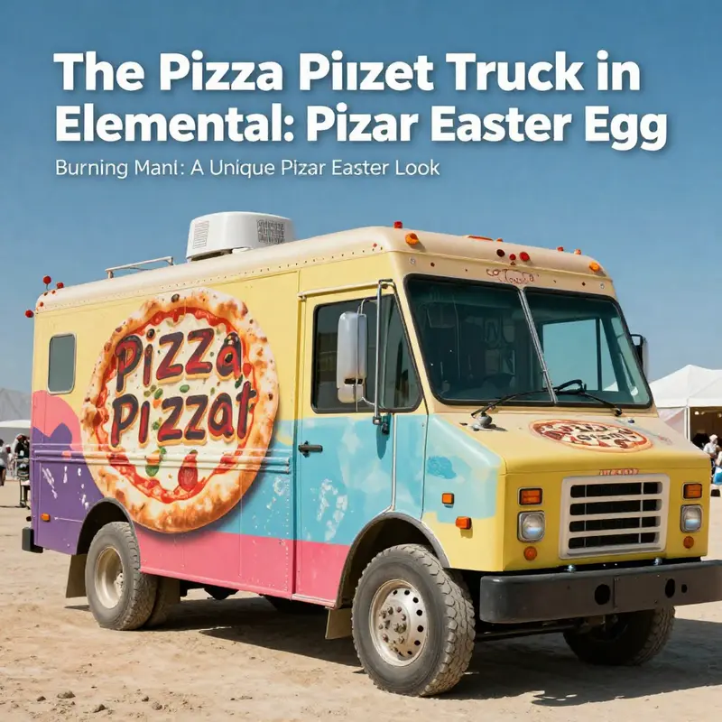 The iconic Pizza Planet Truck parked at the ‘Burning Man’ event in *Elemental*, filled with Pixar’s whimsical charm.