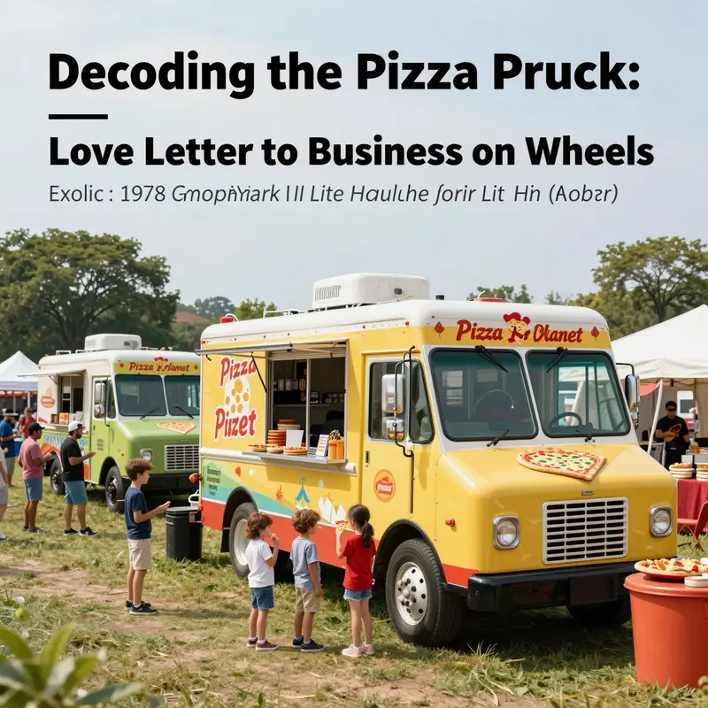 Colorful food truck festival featuring a Pizza Planet Truck and families enjoying pizzas.