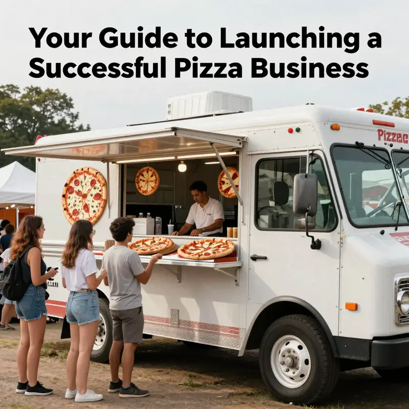 A colorful pizza truck at a festival surrounded by happy customers.