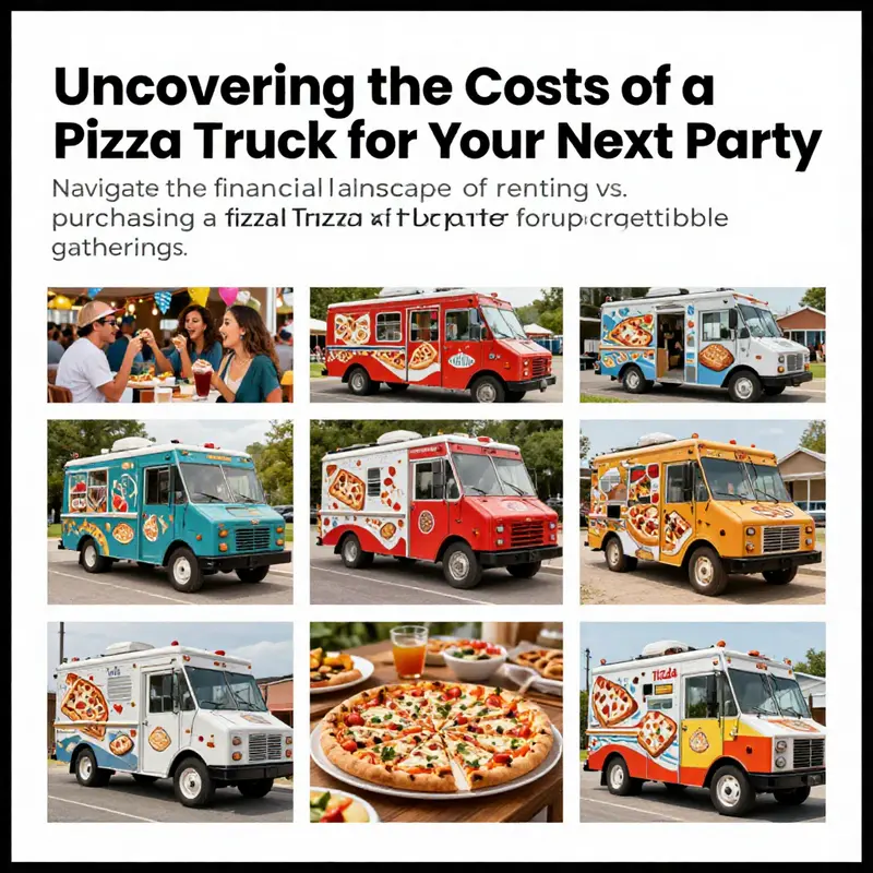 A vibrant collage featuring different pizza trucks serving guests at lively parties, showcasing the fun and food.