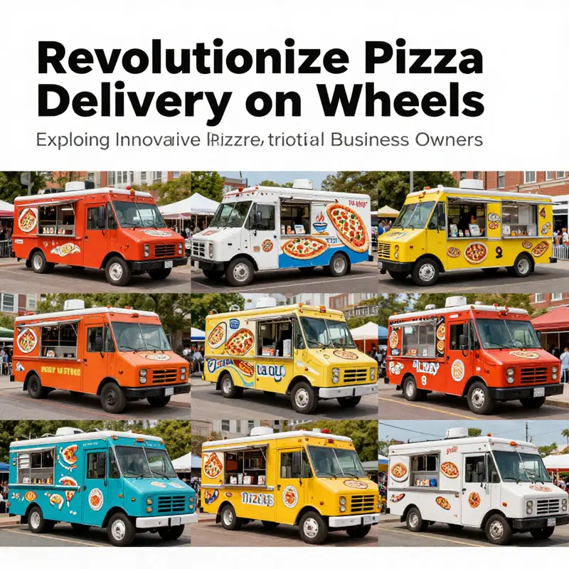 A vibrant collage of different styles of pizza food trucks, from standard to gourmet, showcasing options for business owners.
