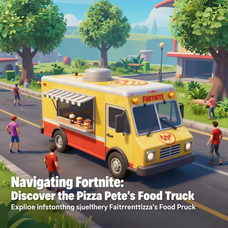 Pizza Pete's Food Truck in Fortnite with players interacting, set in a colorful and lively game environment.