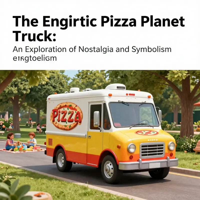 The Pizza Planet Truck driving through a sunny park, surrounded by families and nature, symbolizing joy and nostalgia.
