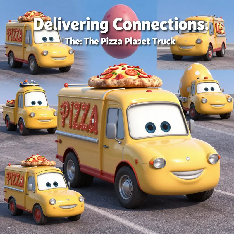 The Pizza Planet truck featured prominently in Radiator Springs, embodying nostalgia and connectivity in *Cars*.