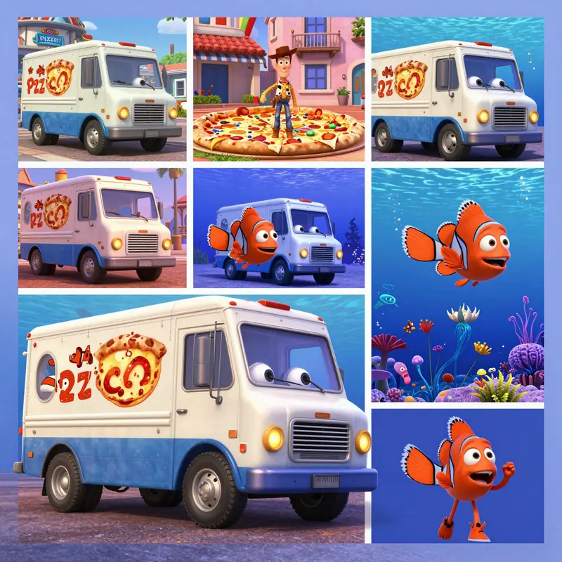 A visual overview of the varied appearances of the Pizza Planet truck across Pixar films.