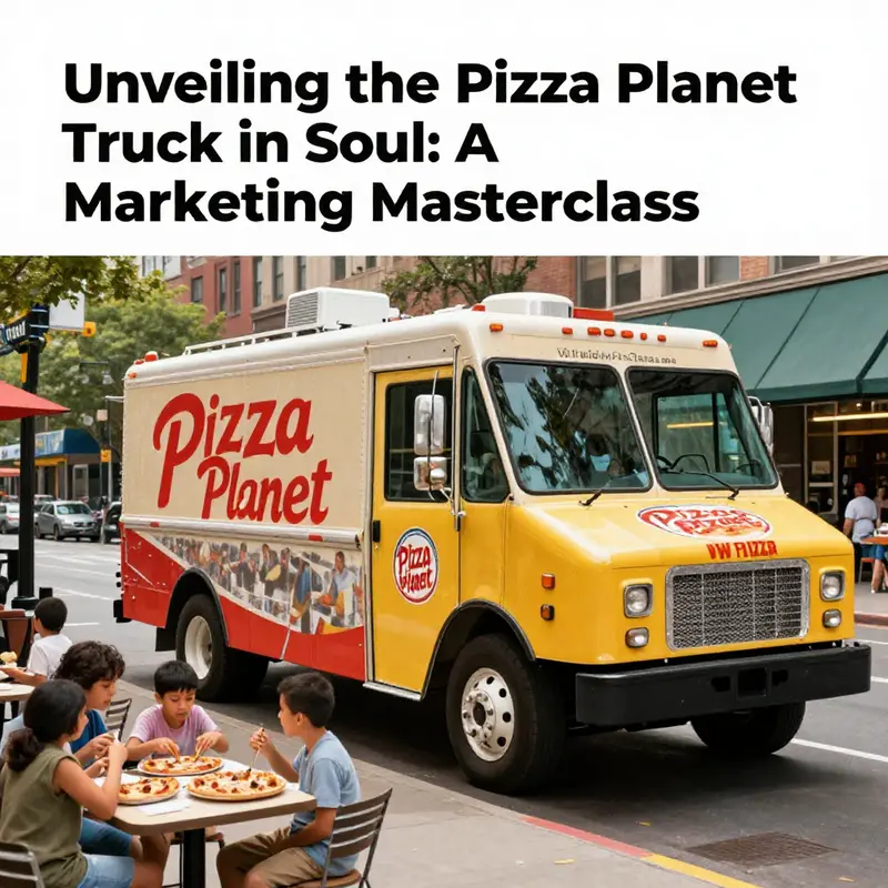 A vibrant scene depicting a Pizza Planet truck in a city, surrounded by happy families and friends enjoying pizza together.