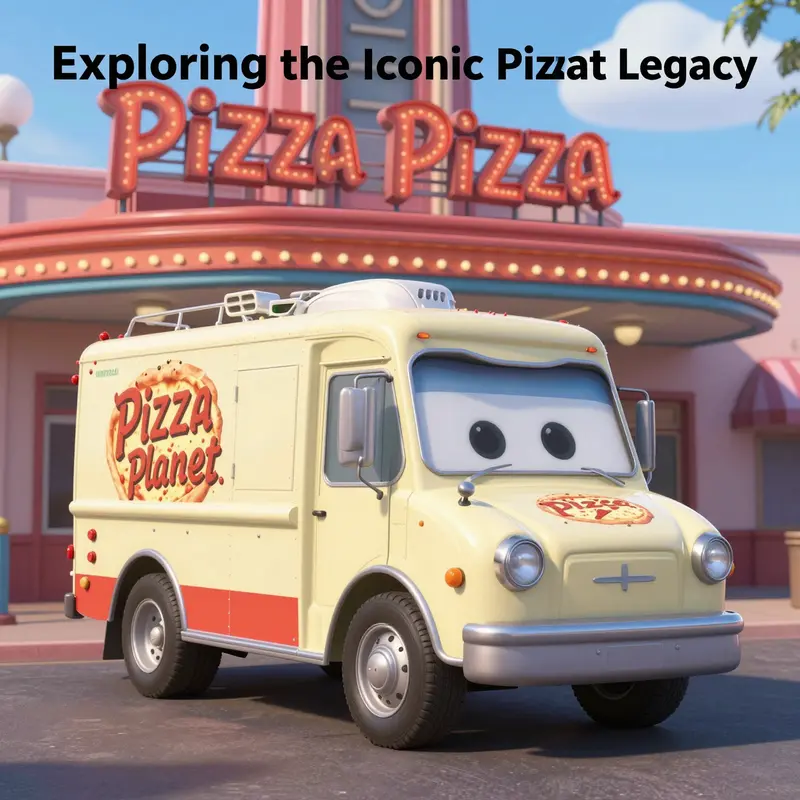 Cover image of the Pizza Planet truck outside a Pixar movie theater, representing its cultural significance.