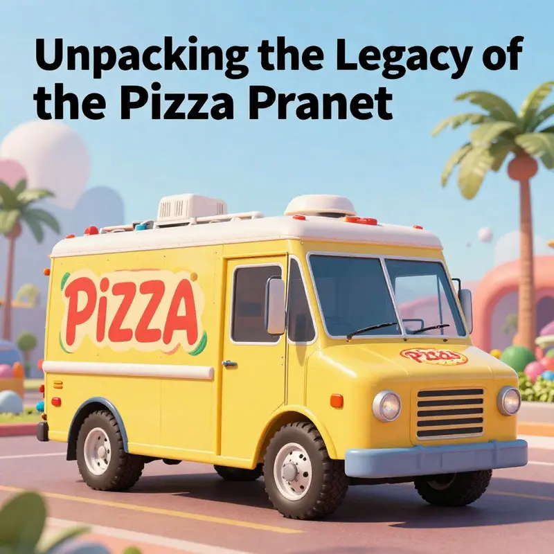 Illustration of the Pizza Planet Truck set in a colorful, animated environment reminiscent of Pixar films.