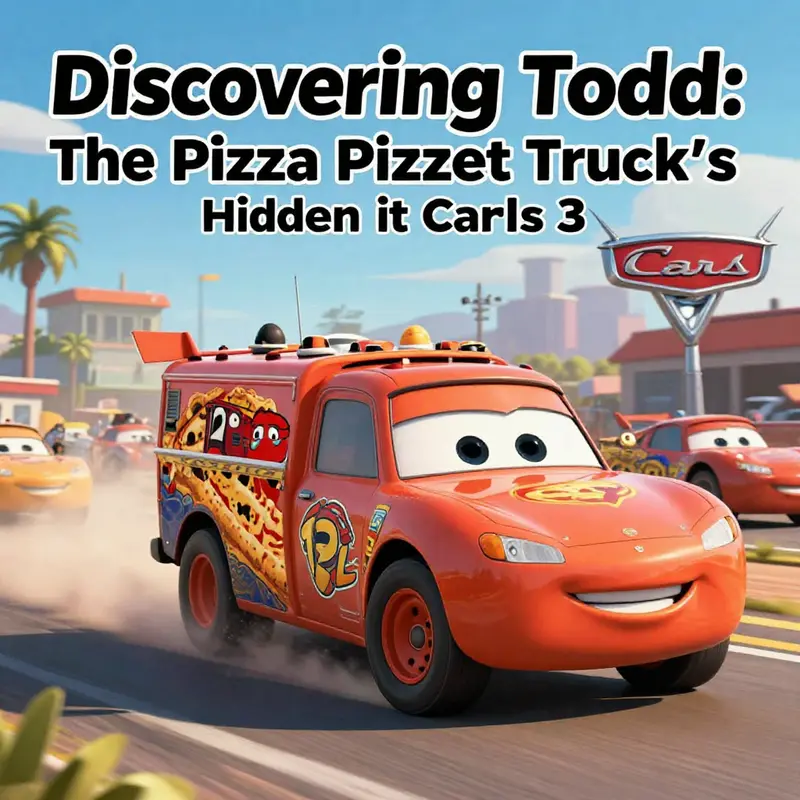The Pizza Planet Truck, Todd, positioned amidst the racing action in Cars 3.