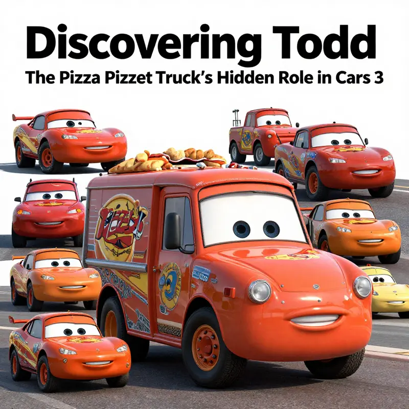 The Pizza Planet Truck, Todd, positioned amidst the racing action in Cars 3.