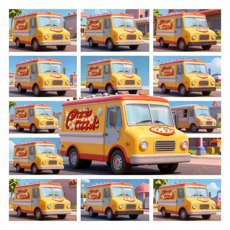 Detailed view of the Pizza Planet Truck emphasizing its unique design and features.