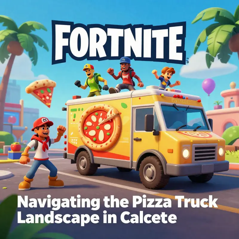 The iconic Pizza Pit truck set against the backdrop of Salty Springs in Fortnite, a strategic location for players.